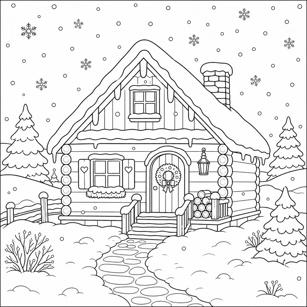 A bold-outline coloring page of a cabin beneath falling snow with a path to the door, thick lines throughout.