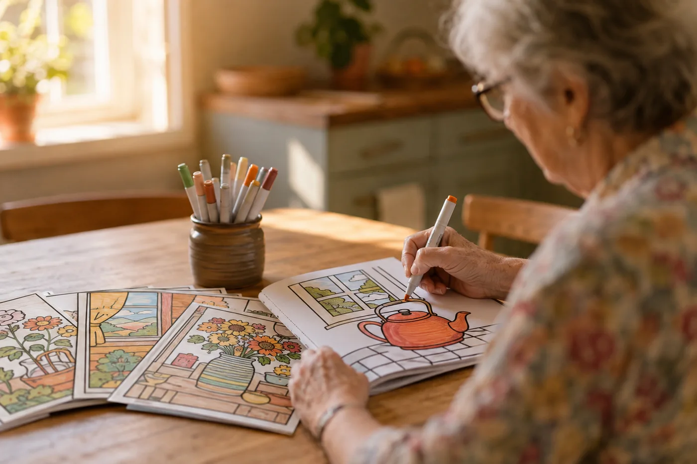 A woman in her seventies at a sunlit kitchen table colouring a thick-lined page of a kettle and a window with a marker, a pot of markers beside her and the finished pages of the same book fanned out in warm colours.