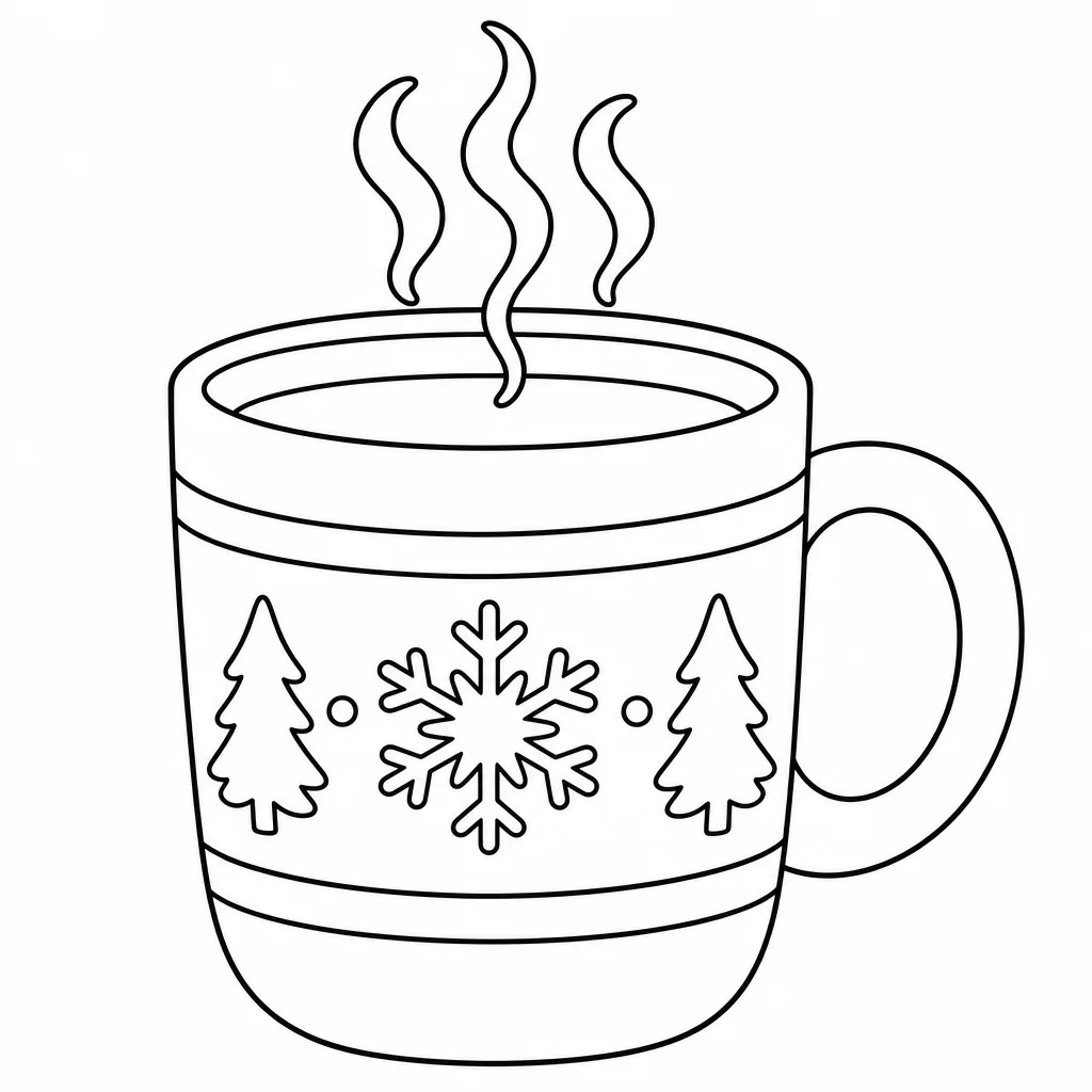 A bold-outline coloring page of a warm mug with three curls of steam, four or five regions in total.