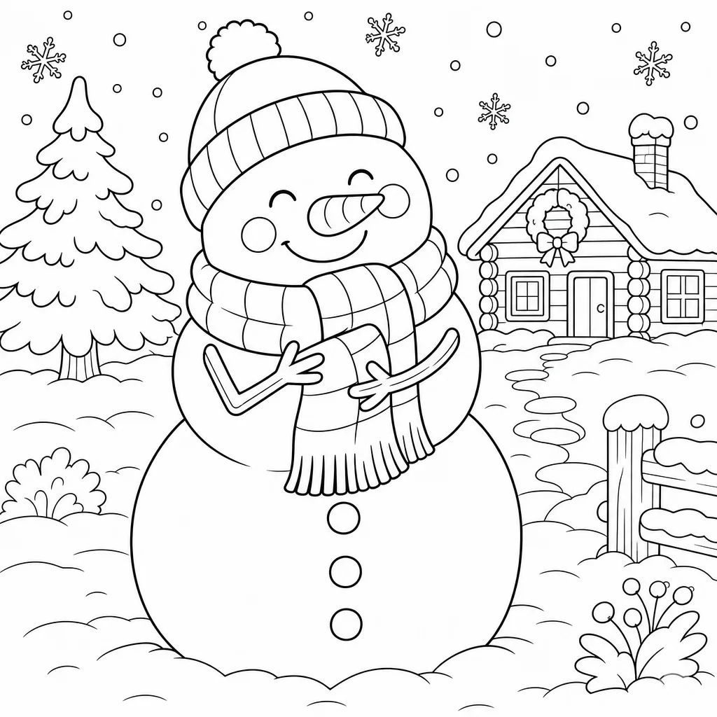 A bold-outline coloring page of a cheerful snowman hugging his scarf, large simple shapes.