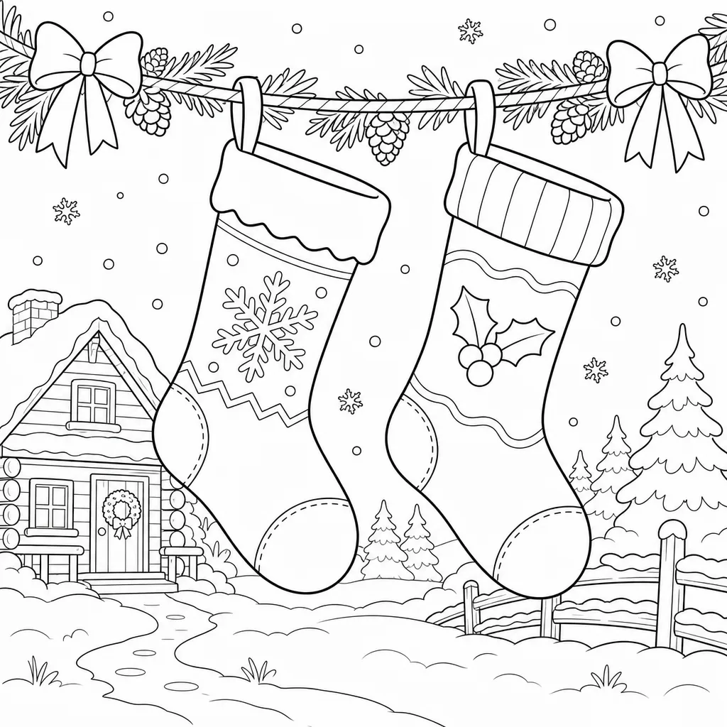 A bold-outline coloring page of two stockings hanging side by side from a mantel, thick uniform lines and a few large open regions, no shading.