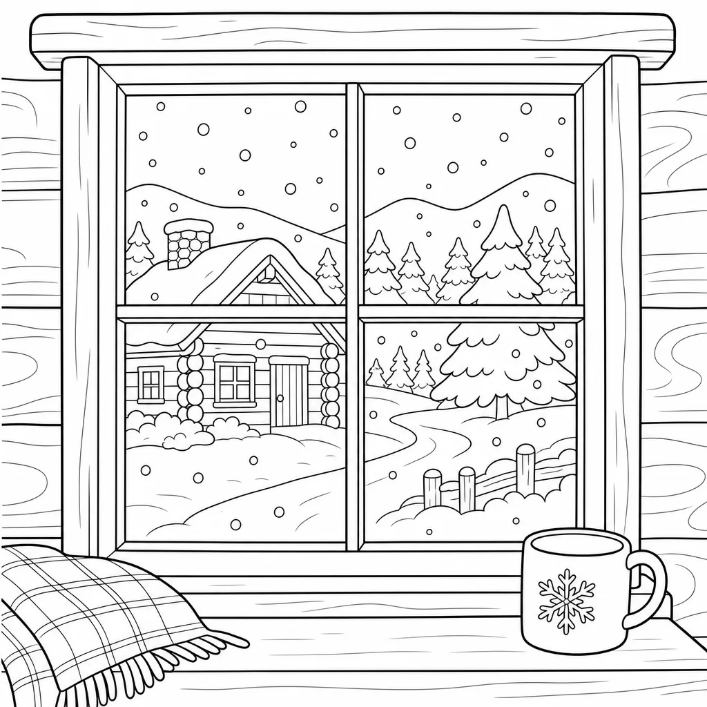 A bold-outline coloring page of snow drifting past a window with a sill, wide regions.