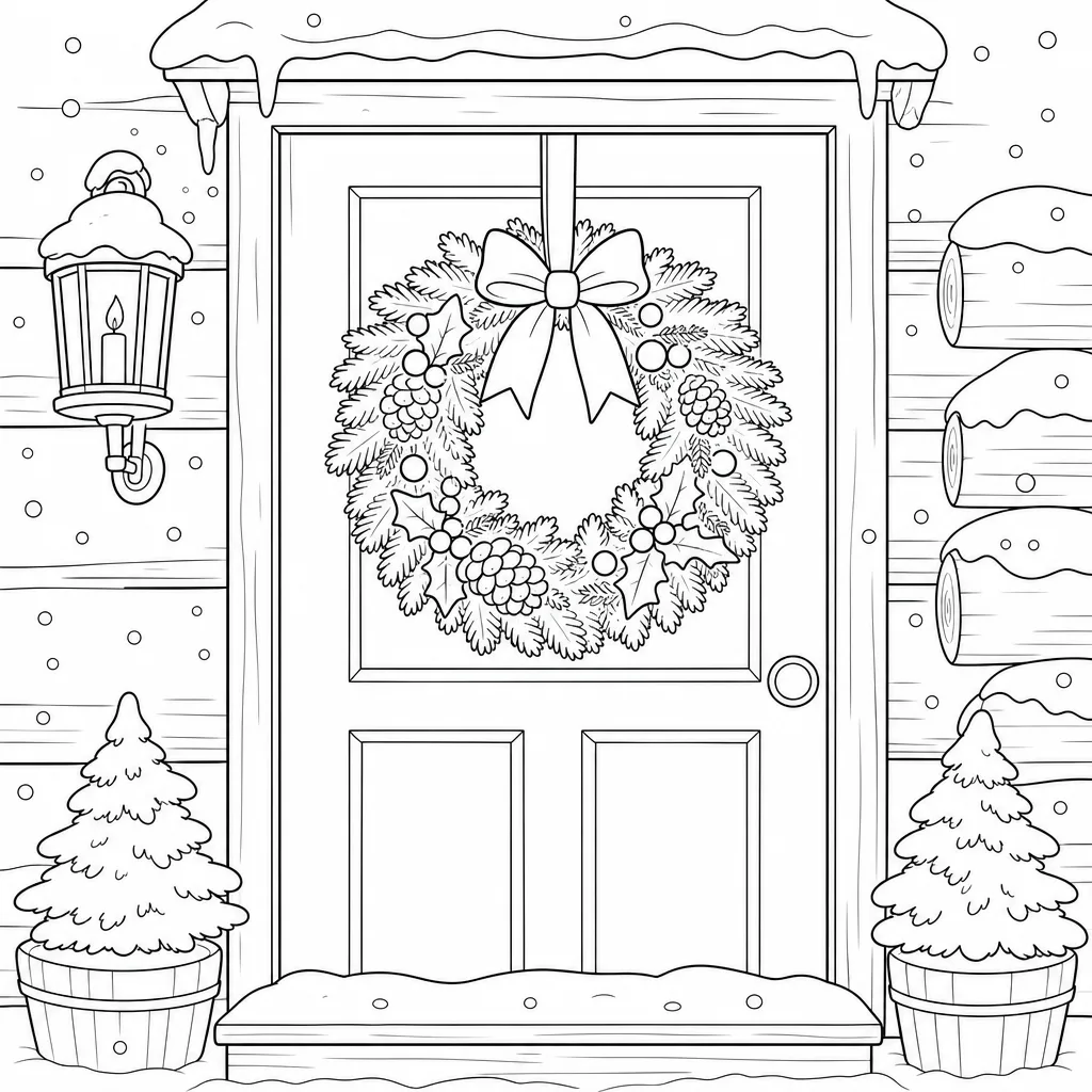 A bold-outline coloring page of a wreath with a bow on a front door, big simple shapes.