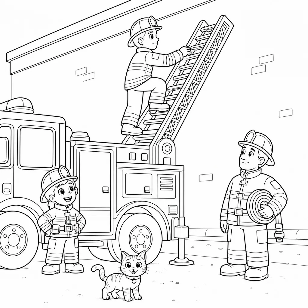 A bold-outline coloring page of a red fire engine with its ladder up and a firefighter climbing it, in the same thick-line style.