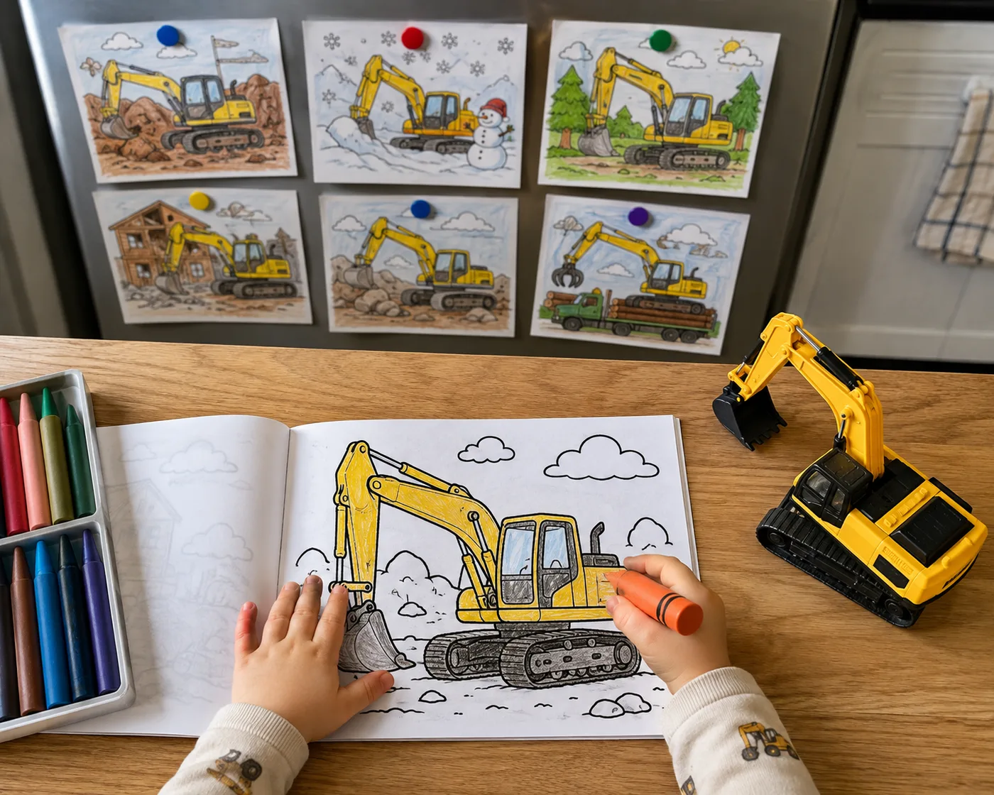 A toddler's hands colouring a big yellow digger page with a fat crayon, a toy digger beside the book, and other finished pages of the same digger doing different jobs pinned up in the background.