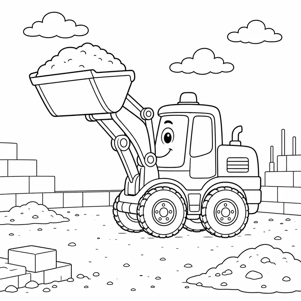 A bold-outline coloring page of the same digger lifting its big bucket high.