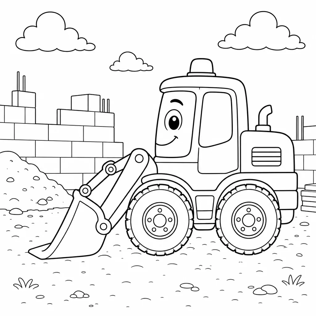 A bold-outline coloring page of the same digger parked with its bucket down at the end of the day.