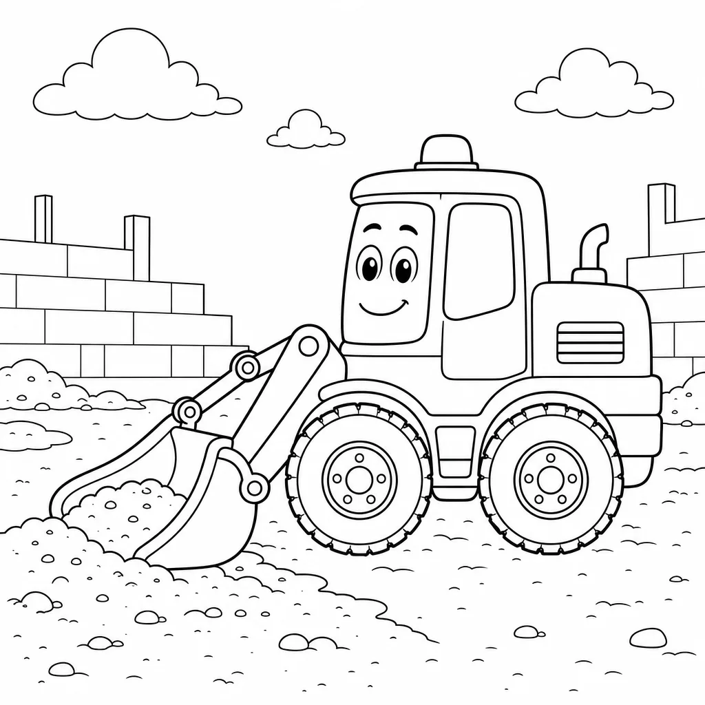 A bold-outline coloring page of the digger scooping soft dirt with its bucket on a building site, large open regions and no shading.