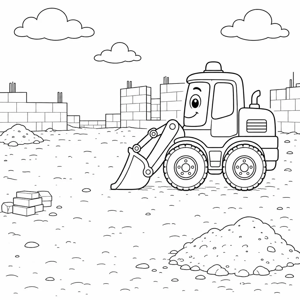 A bold-outline coloring page of the digger seen across the whole building site, with big simple shapes.