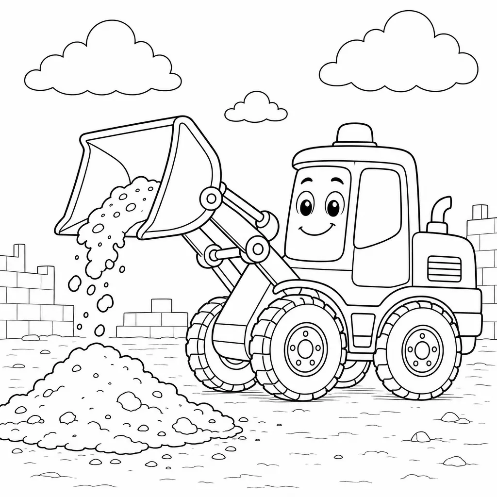 A bold-outline coloring page of the same digger tipping its bucket, the dirt spilling out.