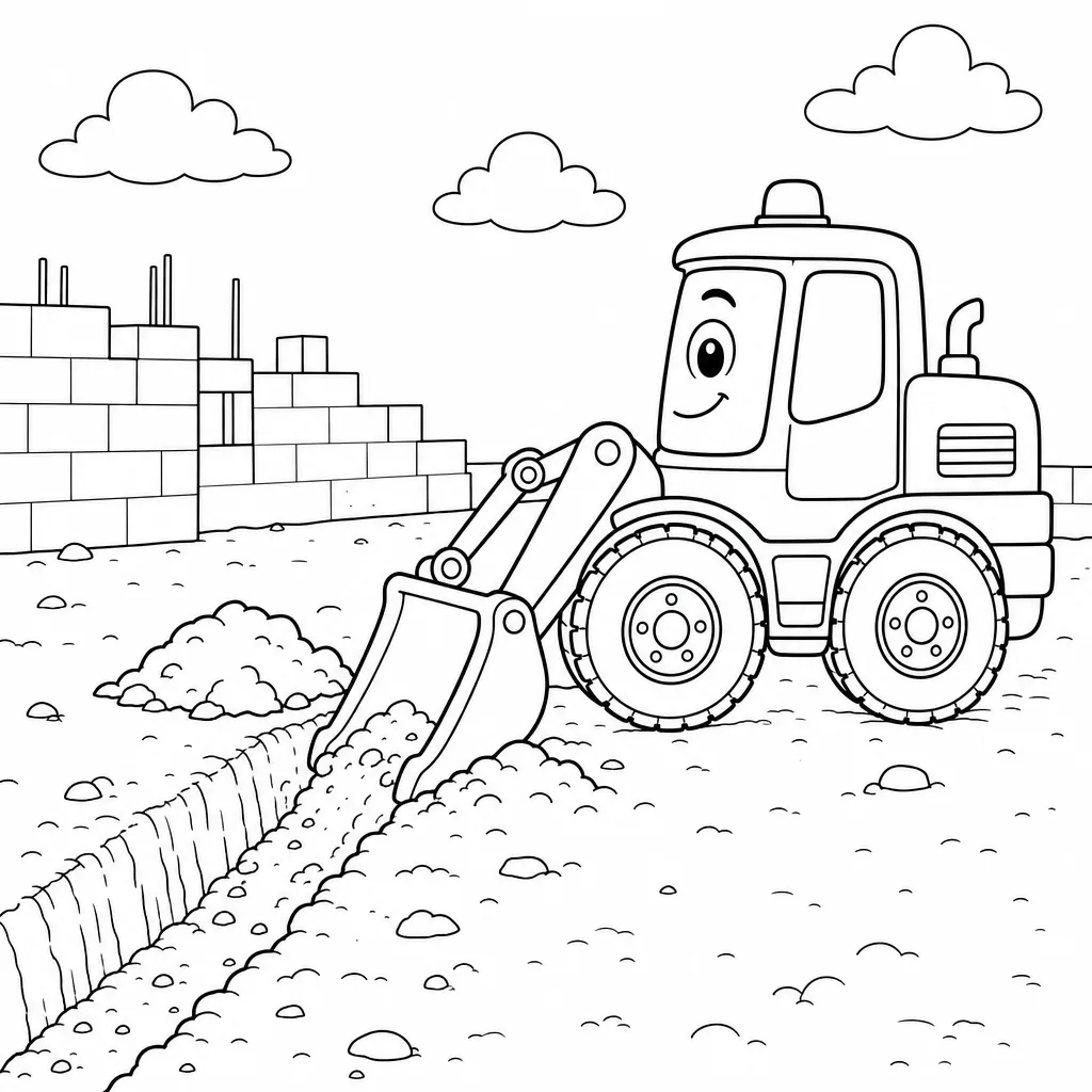 A bold-outline coloring page of the same digger digging a narrow trench.