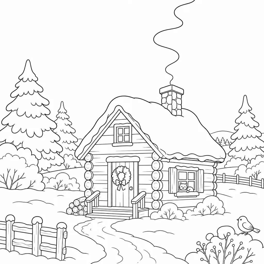 A bold-outline coloring page of a quiet cabin sending smoke skyward over snow.