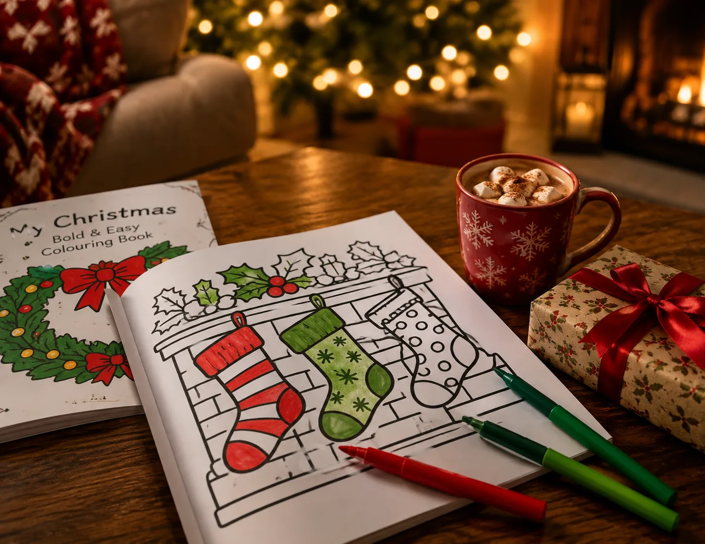 A December living room: a bold-lined stockings page half coloured in red and green on a coffee table, a mug of cocoa, a wrapped present with a ribbon, fairy lights out of focus behind, the book's wreath cover just visible.