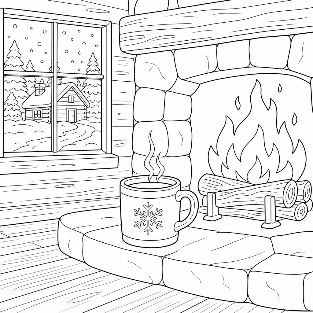 A bold-outline coloring page of a cozy mug beside a fire, big simple shapes.