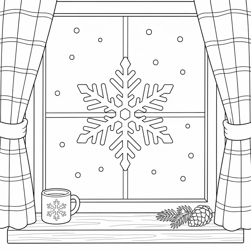 A bold-outline coloring page of a snowflake beyond a window frame, wide regions.