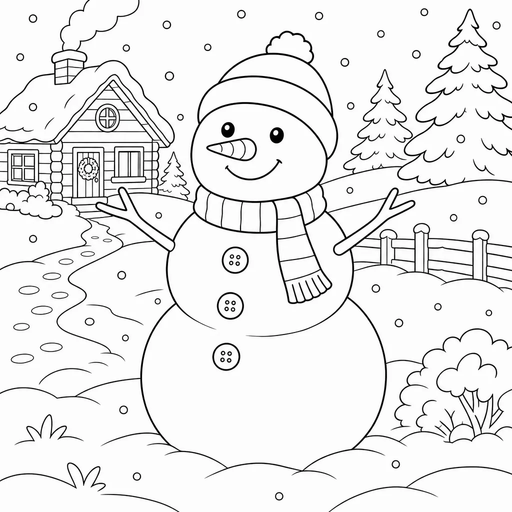 A bold-outline coloring page of a cheerful snowman with big buttons, thick lines.