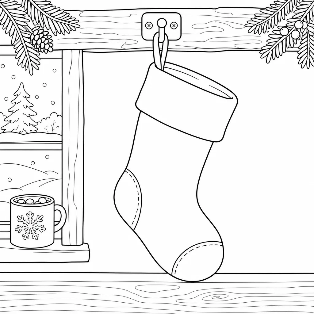 A bold-outline coloring page of a single stocking hanging in quiet comfort, large open regions and no shading.