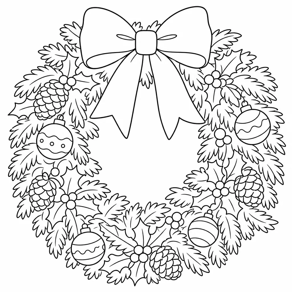 A bold-outline coloring page of a wreath with a welcoming bow, seen close.