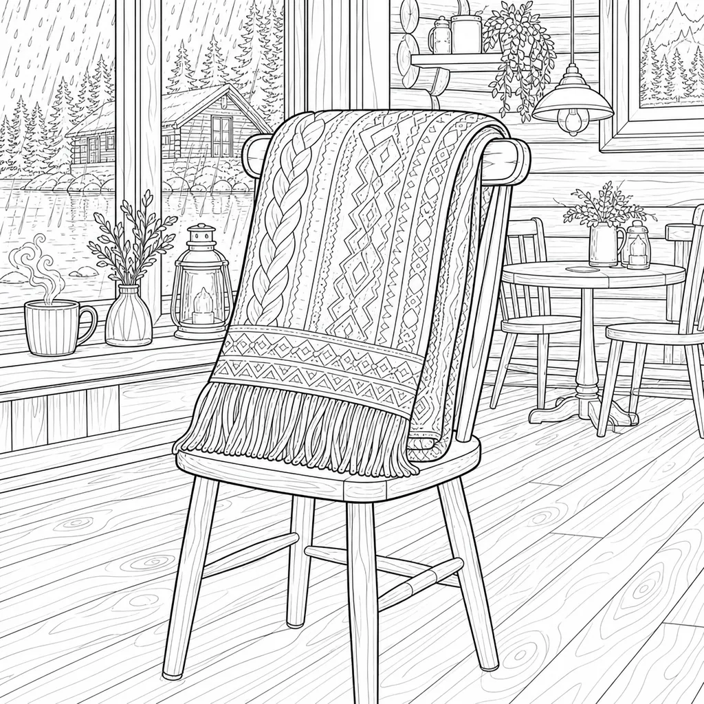 A coloring page of a folded wool blanket draped across a cabin chair.