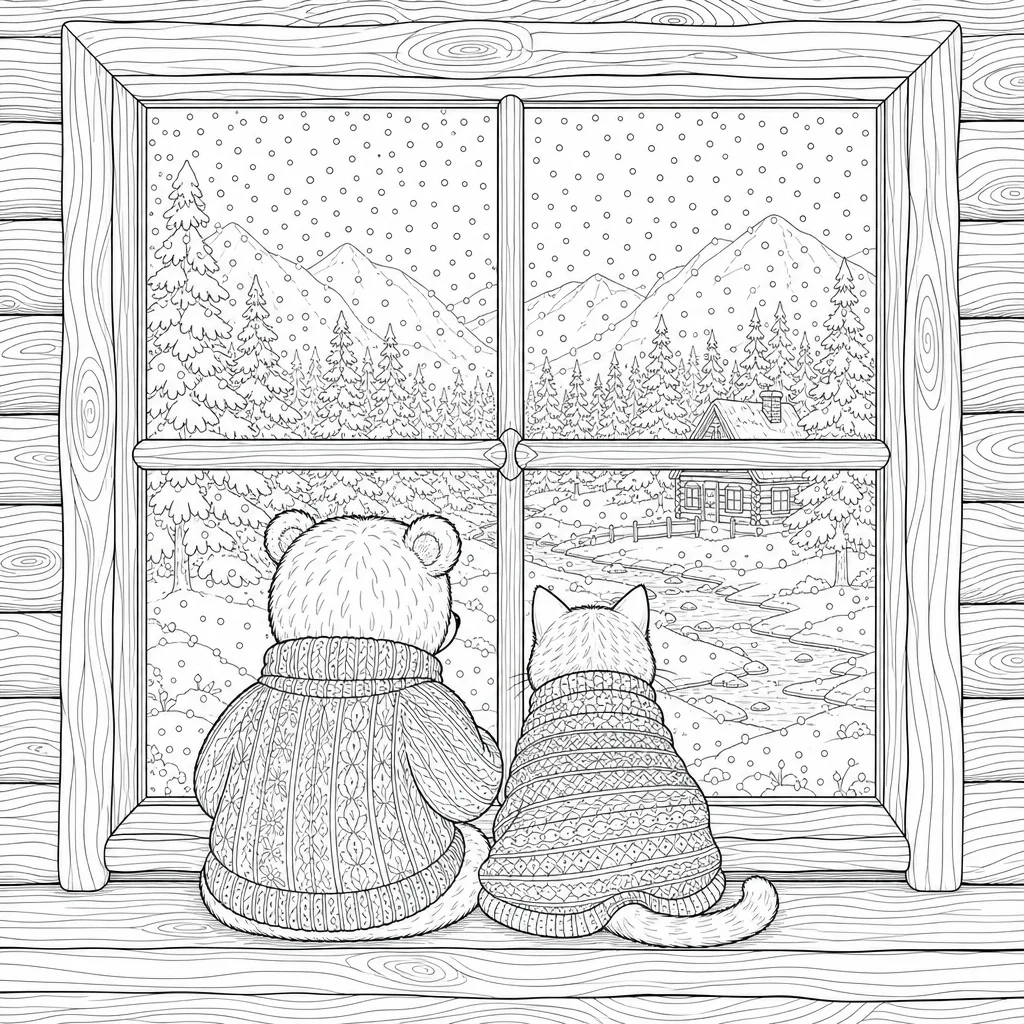 A coloring page of the cabin window from inside with snow falling beyond the frame.