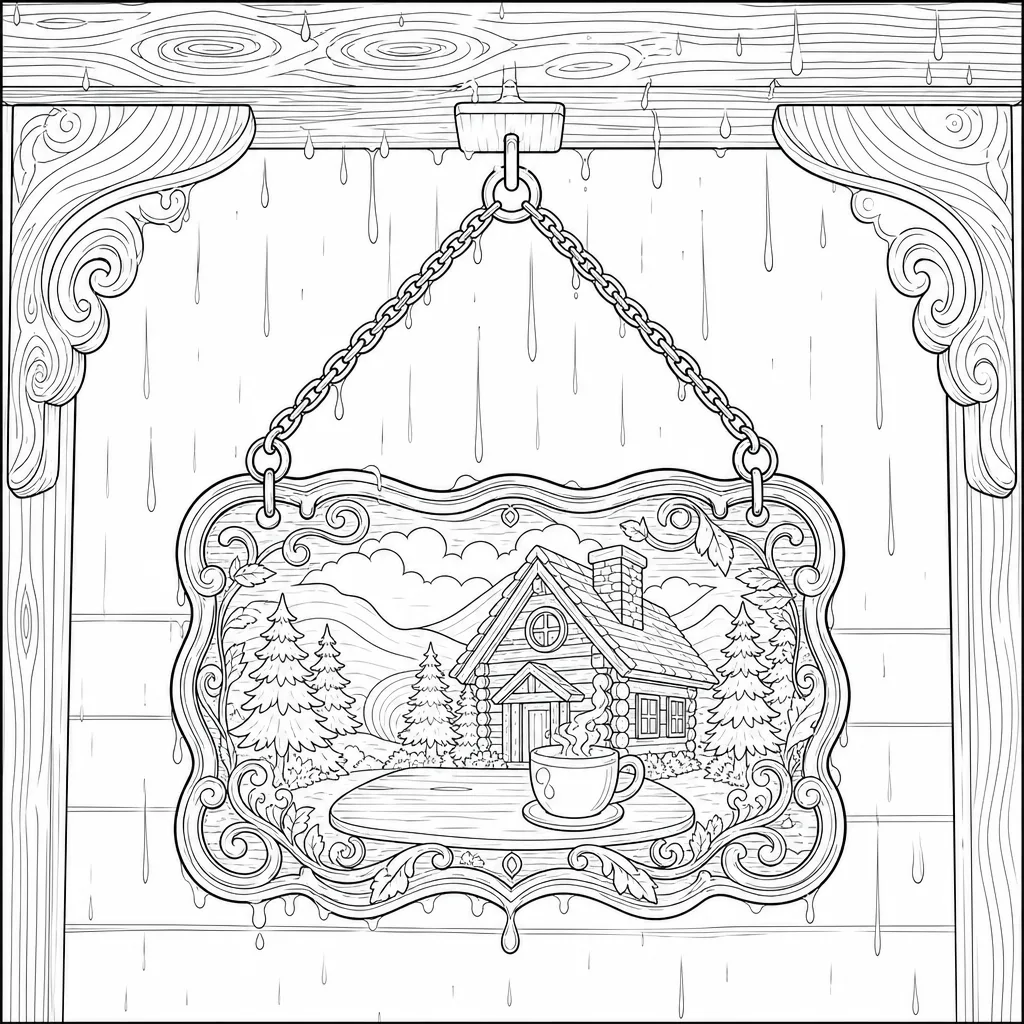 A coloring page of the café's hanging sign swaying in rain over the doorway.