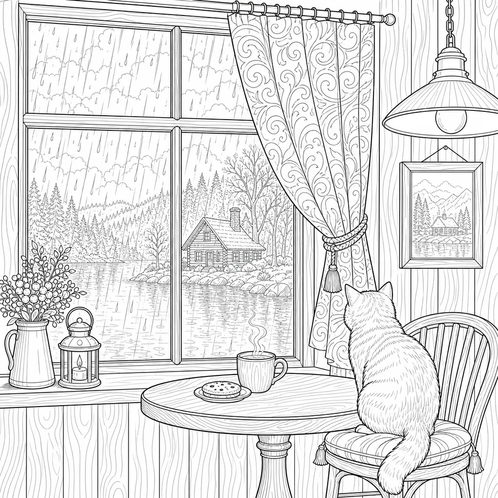A coloring page of a corner café window with rain reflections on the glass and a table inside, clean black line art with open regions.