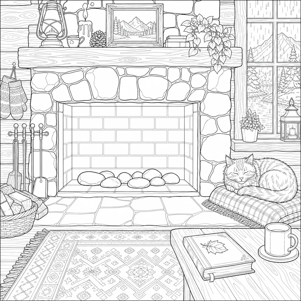 A coloring page of the cabin's stone hearth, laid and ready, in the same line style as the café pages.