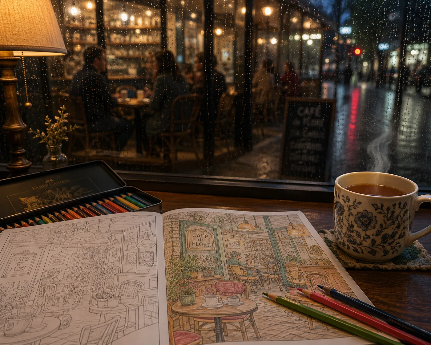 A rainy evening at a café window table: an open colouring book showing a half-coloured café interior page, a tin of pencils, a mug of tea steaming, rain on the glass and the real café blurred behind.