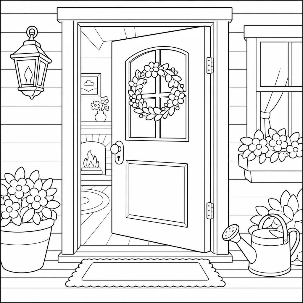 An intricate coloring page of a cottage doorway with a lantern, a wreath and potted plants, fine line work and many small regions.