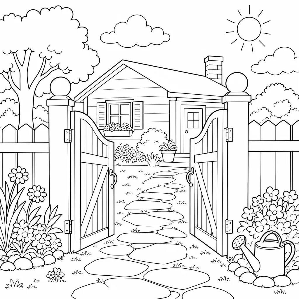 An intricate coloring page of a wooden garden gate opening onto a path to a cottage, with flowers and a watering can, fine line work.