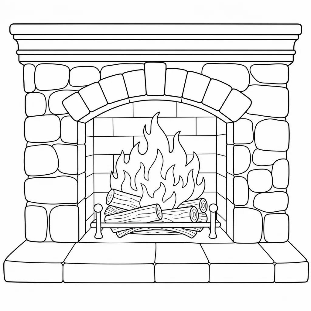 An intricate coloring page of a stone fireplace hearth with a fire and stacked logs, many small regions.