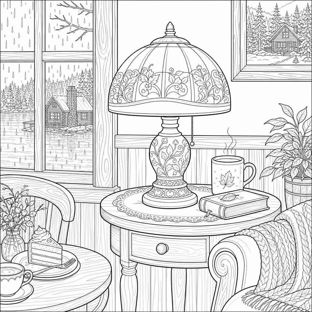 A coloring page of a lamp glowing over a tidy café corner table, same line style.