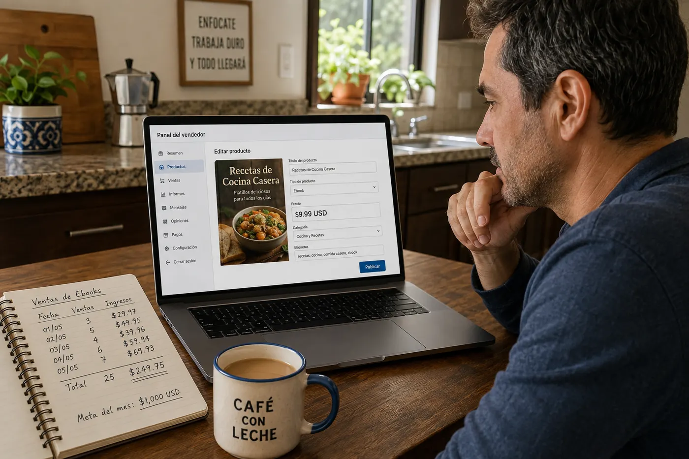 Un autor revisa su panel de ventas de ebooks en español: la ficha del producto Recetas de Cocina Casera a $9.99 USD lista para publicar, con su cuaderno de ventas al lado