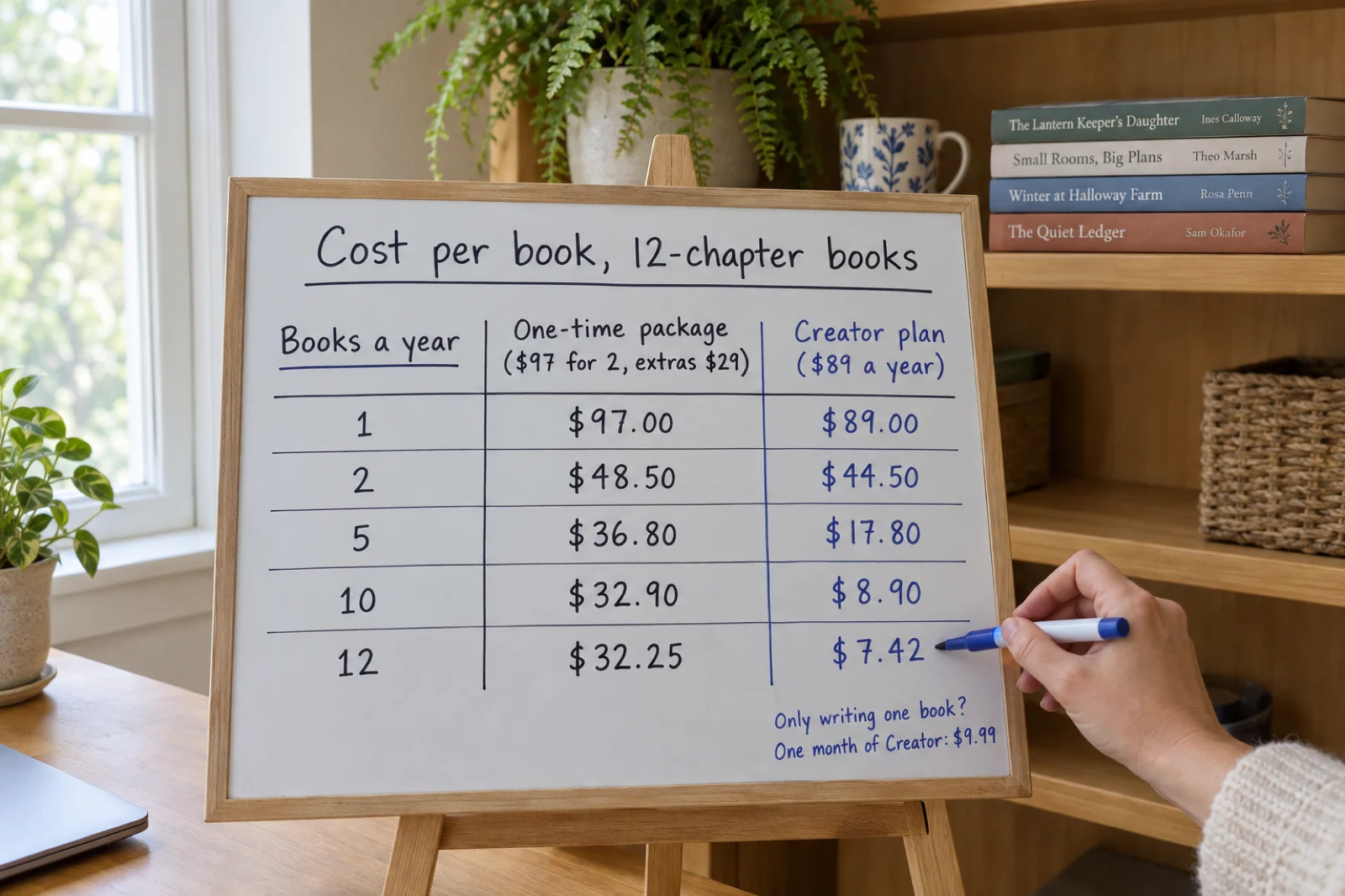 A whiteboard on an easel with a handwritten table titled Cost per book, 12-chapter books: at 1, 2, 5, 10 and 12 books a year, a one-time package at $97 for two with extras at $29 costs $97.00, $48.50, $36.80, $32.90 and $32.25 a book, and the Creator plan at $89 a year costs $89.00, $44.50, $17.80, $8.90 and $7.42 a book; a note says one month of Creator is $9.99