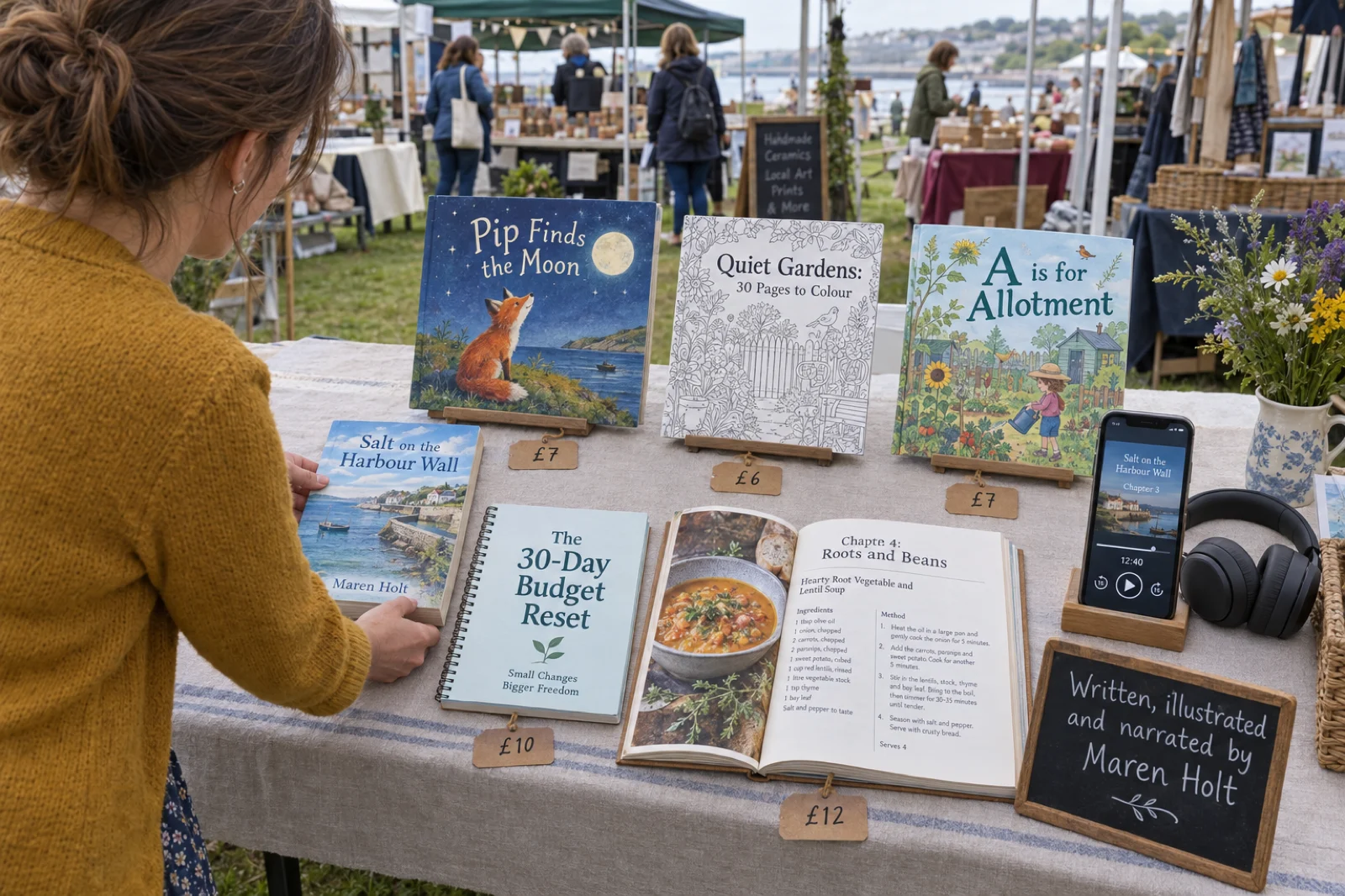 An author arranging her own books on a craft-market table: a romance paperback, a children's picture book, a colouring book, an alphabet book, a spiral workbook and an open cookbook, with a phone on a stand playing the audiobook edition of the novel beside a pair of headphones and a chalkboard sign reading Written, illustrated and narrated by Maren Holt