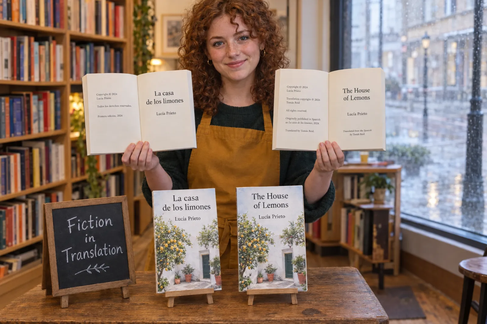 In an independent bookshop, a bookseller holds the Spanish original La casa de los limones and its English translation The House of Lemons open at their copyright pages; the English page adds Translation copyright 2026 Tomás Reid and Originally published in Spanish as La casa de los limones, 2024, with both covers on easels and a Fiction in Translation chalkboard on the table