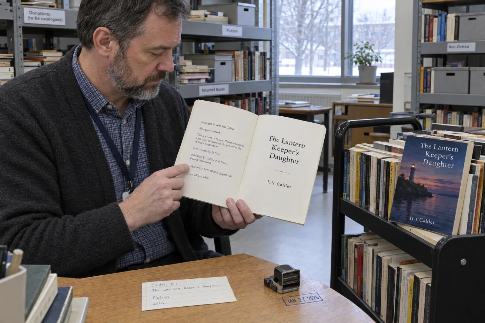 In a public library's cataloguing room, a bearded librarian holds a self-published paperback, The Lantern Keeper's Daughter by Iris Calder, open at its copyright page showing the copyright line, a fiction disclaimer, Published by Hollow Pine Press, Duluth, Minnesota and the ISBN, with a handwritten catalogue slip and a date stamp on the table