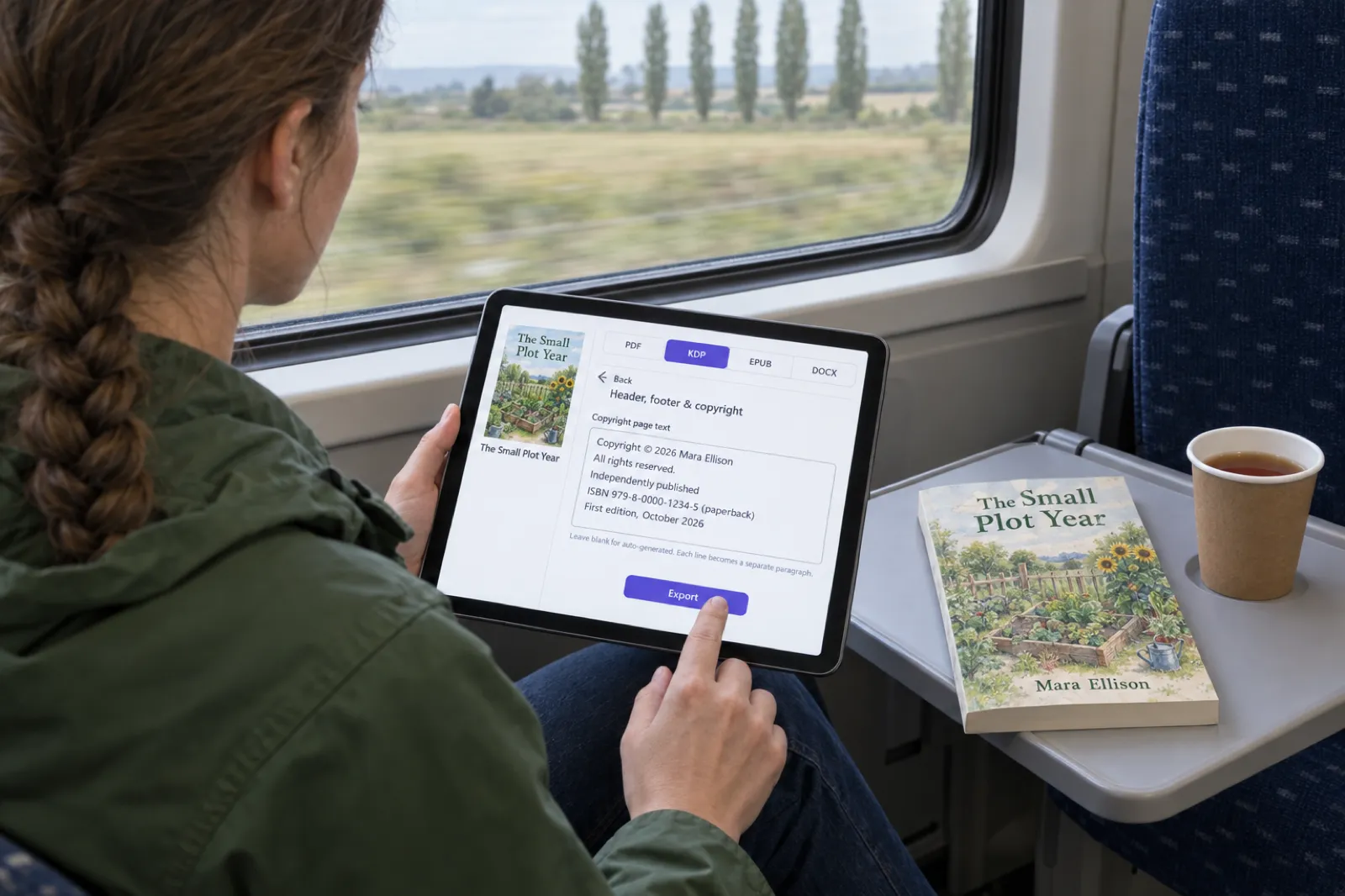 On a commuter train, a woman holds a tablet showing the Export window with the KDP tab selected and the Header, footer and copyright panel open, the Copyright page text box filled with five lines including Independently published and an ISBN, with a printed proof of The Small Plot Year by Mara Ellison on the tray in front of her