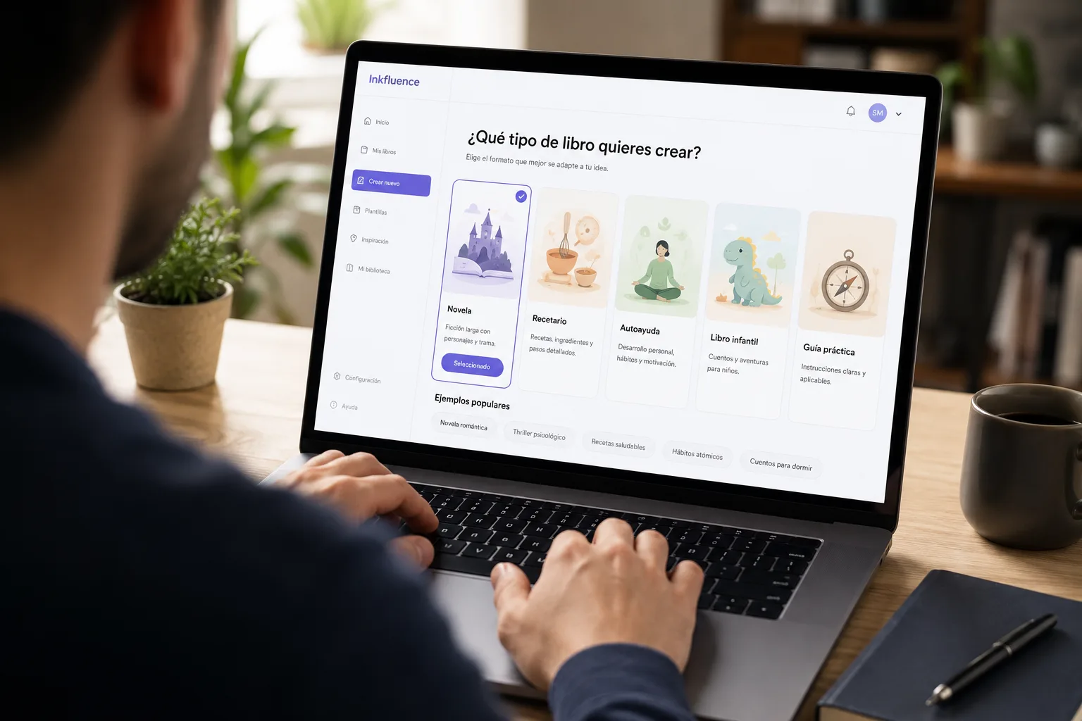 Selector de tipos de libro de Inkfluence AI en español visto por encima del hombro: tarjetas ilustradas de novela, recetario, autoayuda, libro infantil y guía práctica, con una tarjeta resaltada