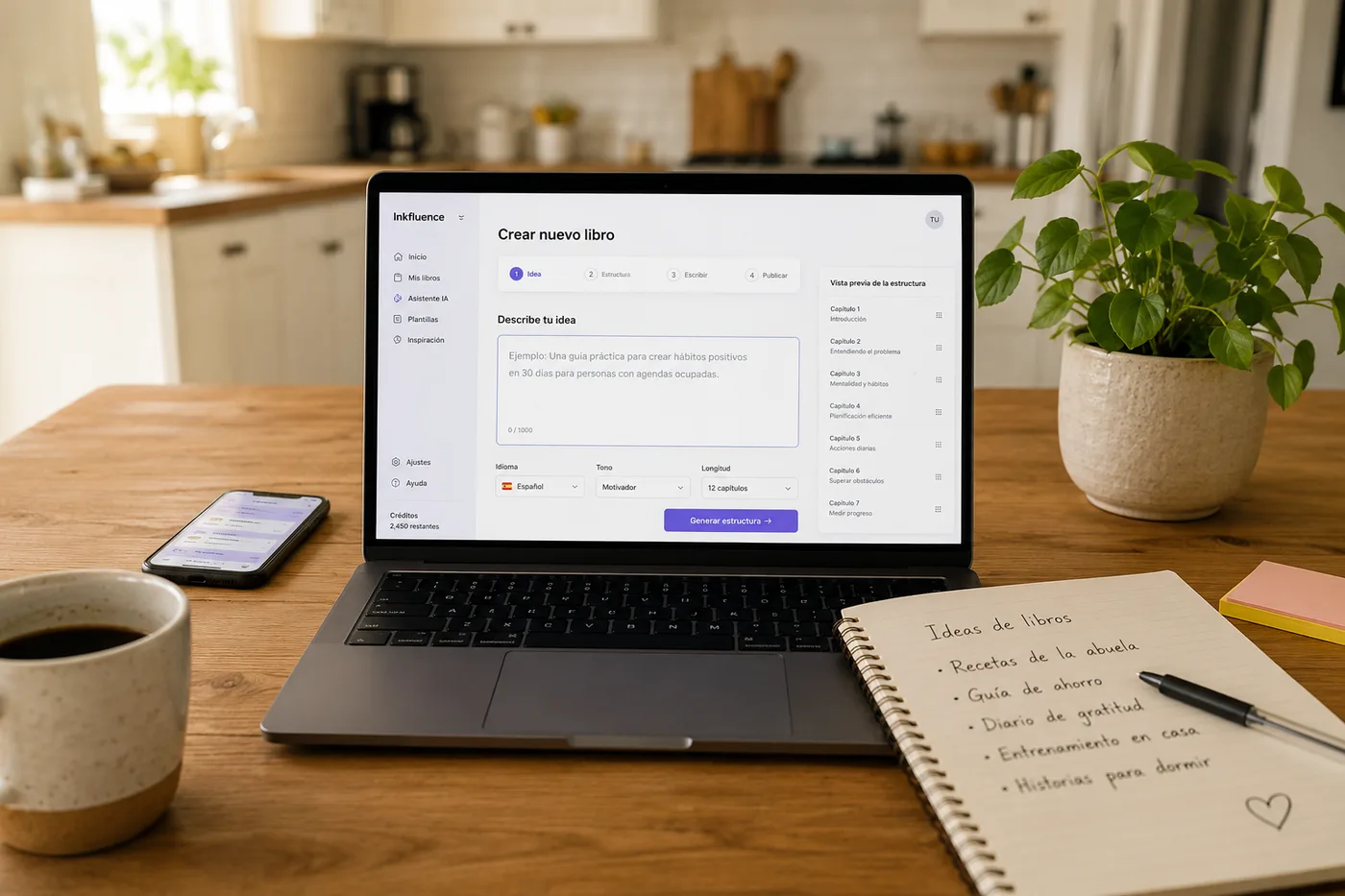 Persona creando su primer libro con IA en la mesa de la cocina: portátil con la app de creación de libros en español abierta, cuaderno con ideas apuntadas como recetas de la abuela y guía de ahorro, móvil y café por la mañana