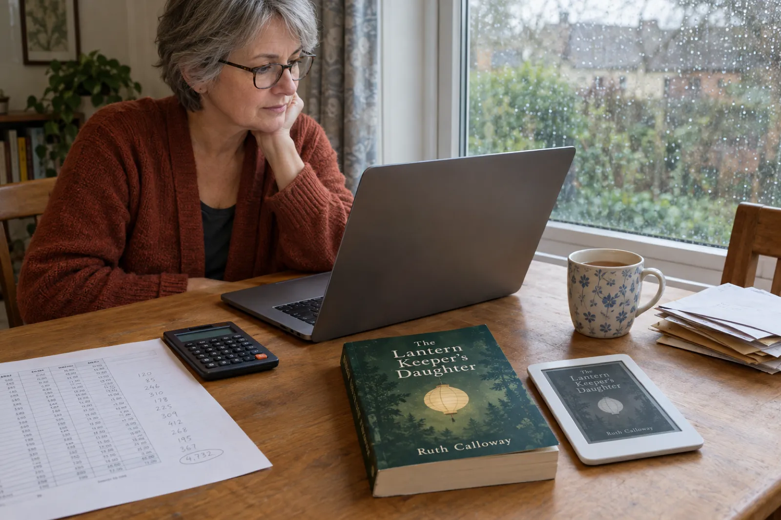 An author at a kitchen table by a rainy window works through a printed spreadsheet with a calculator, beside a proof copy and an e-reader showing a green novel cover titled The Lantern Keeper's Daughter by Ruth Calloway