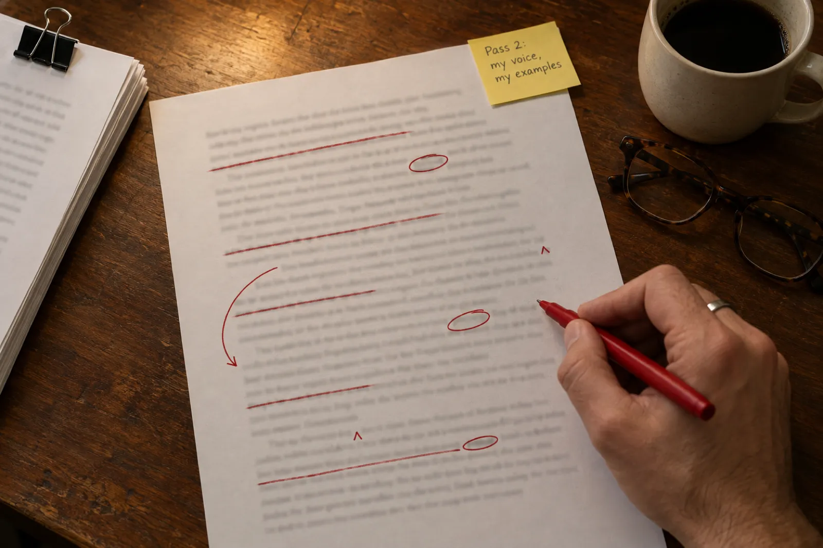 A printed manuscript page heavily marked up in red ink, with a yellow sticky note reading Pass 2: my voice, my examples, and a hand holding a red pen mid-edit
