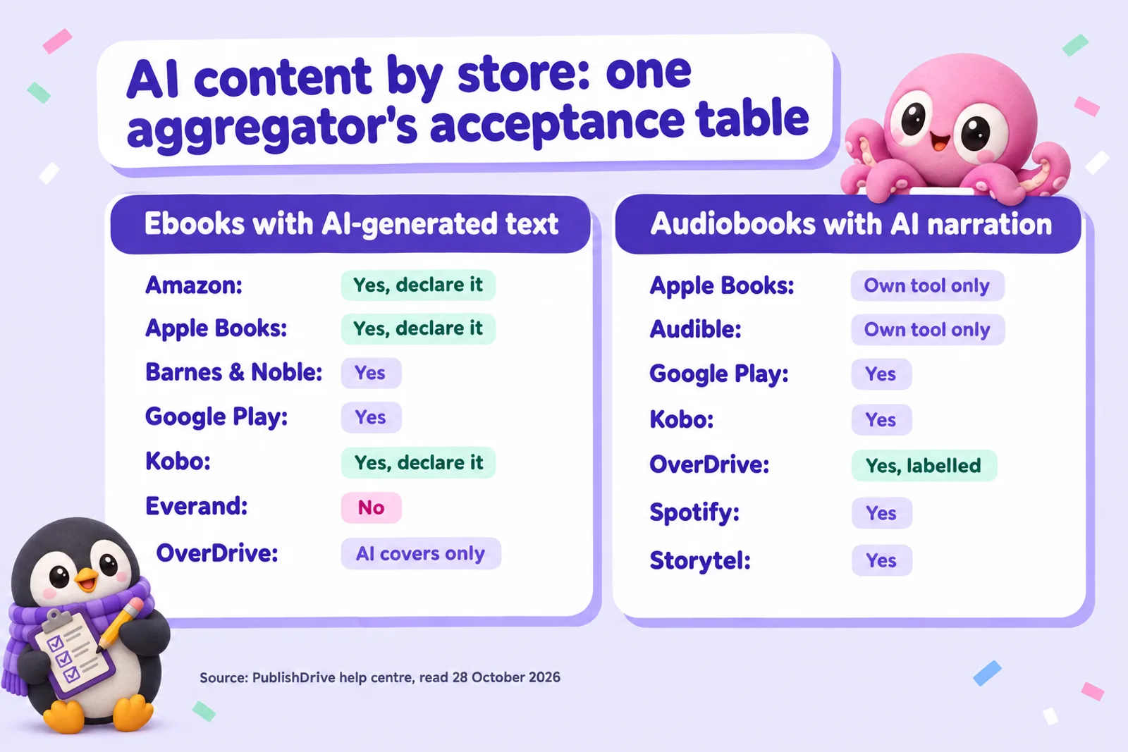 Infographic titled AI content by store: one aggregator's acceptance table. Ebooks with AI-generated text: Amazon yes, declare it; Apple Books yes, declare it; Barnes and Noble yes; Google Play yes; Kobo yes, declare it; Everand no; OverDrive AI covers only. Audiobooks with AI narration: Apple Books own tool only; Audible own tool only; Google Play, Kobo, Spotify and Storytel yes; OverDrive yes, labelled