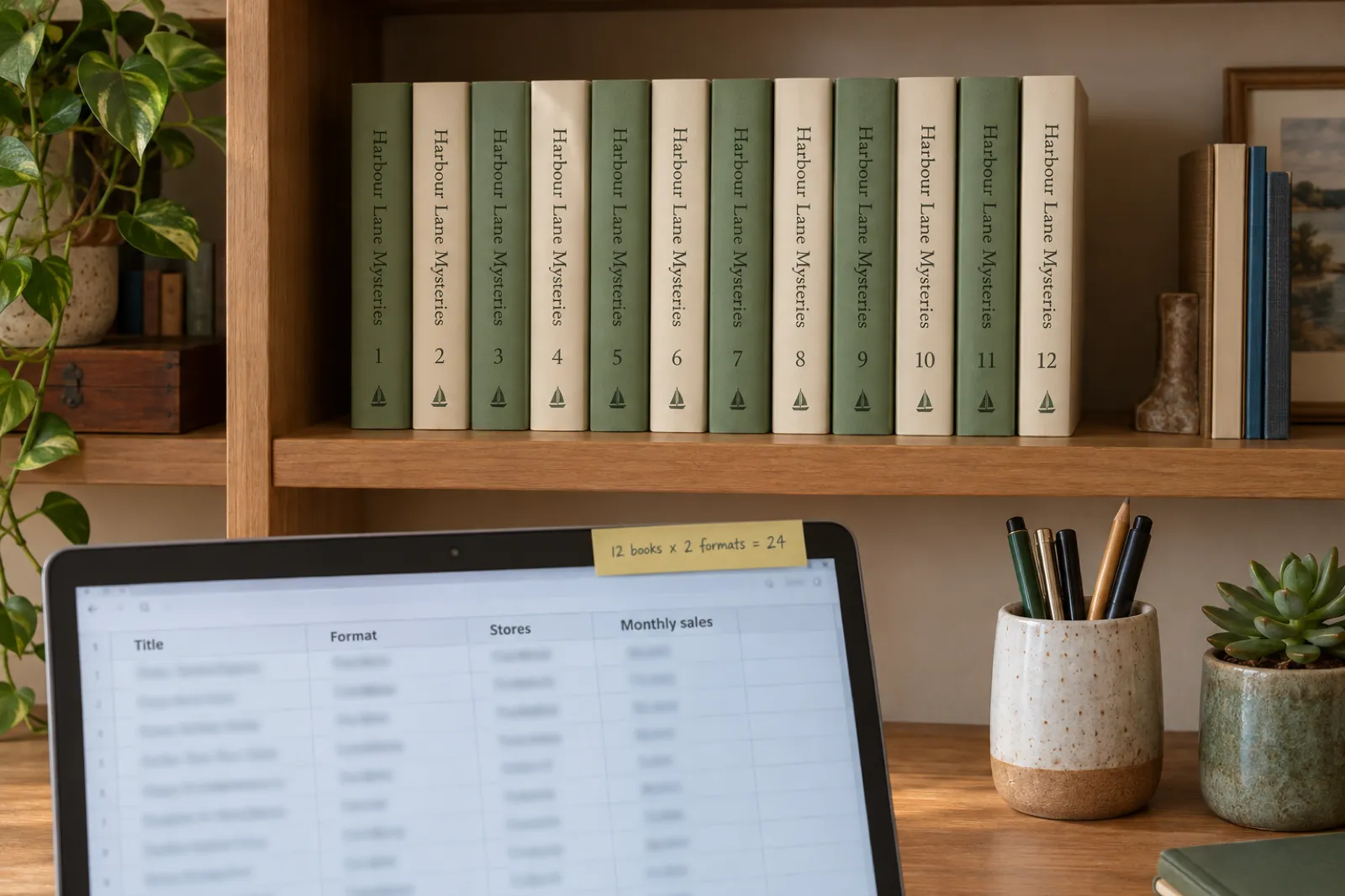 A bookshelf holding twelve matching sage and cream paperbacks of an invented series, Harbour Lane Mysteries 1 to 12, above a laptop with a sticky note reading 12 books x 2 formats = 24