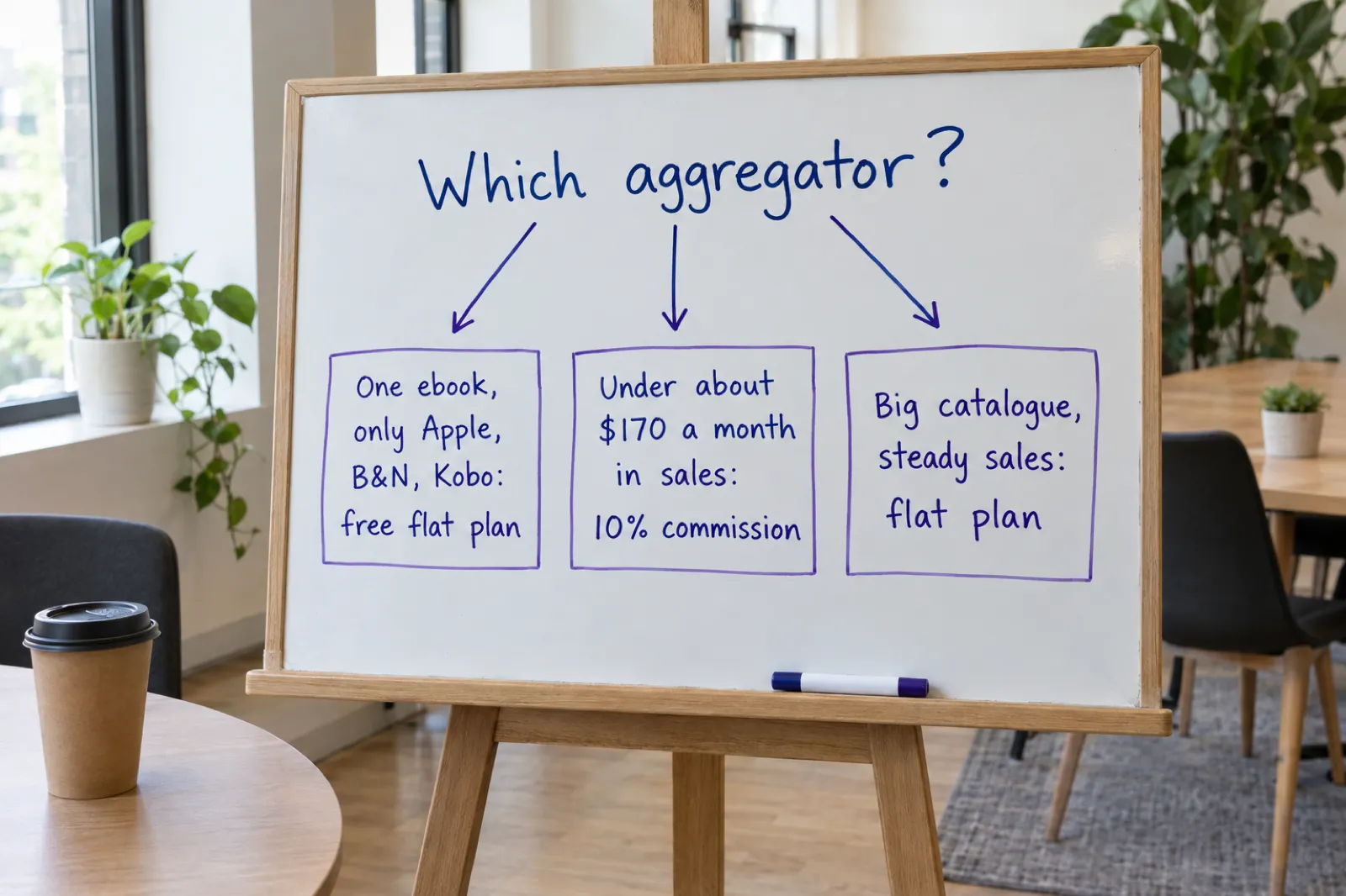 A whiteboard on an easel with a hand-drawn chart headed Which aggregator? and three boxes: One ebook, only Apple, B&N, Kobo: free flat plan; Under about $170 a month in sales: 10% commission; Big catalogue, steady sales: flat plan