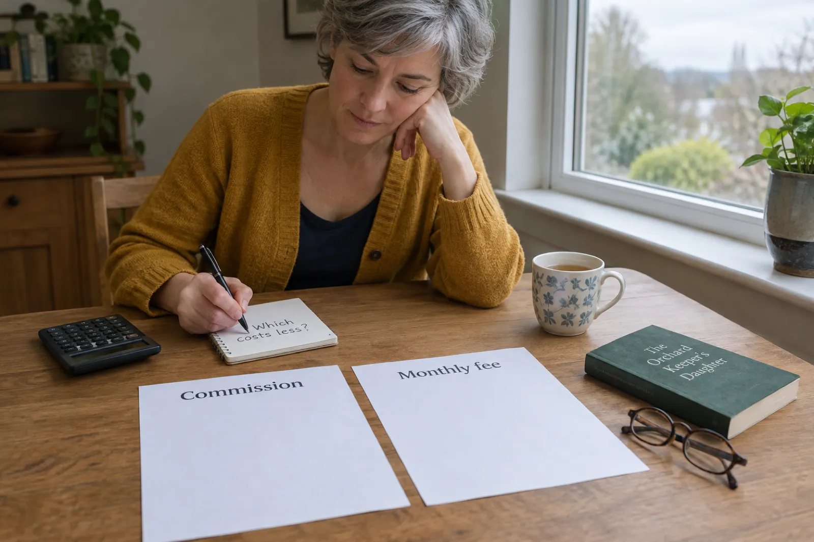 A woman with short grey hair at a kitchen table looks at two sheets headed Commission and Monthly fee, writing Which costs less? on a notepad beside a calculator and a paperback