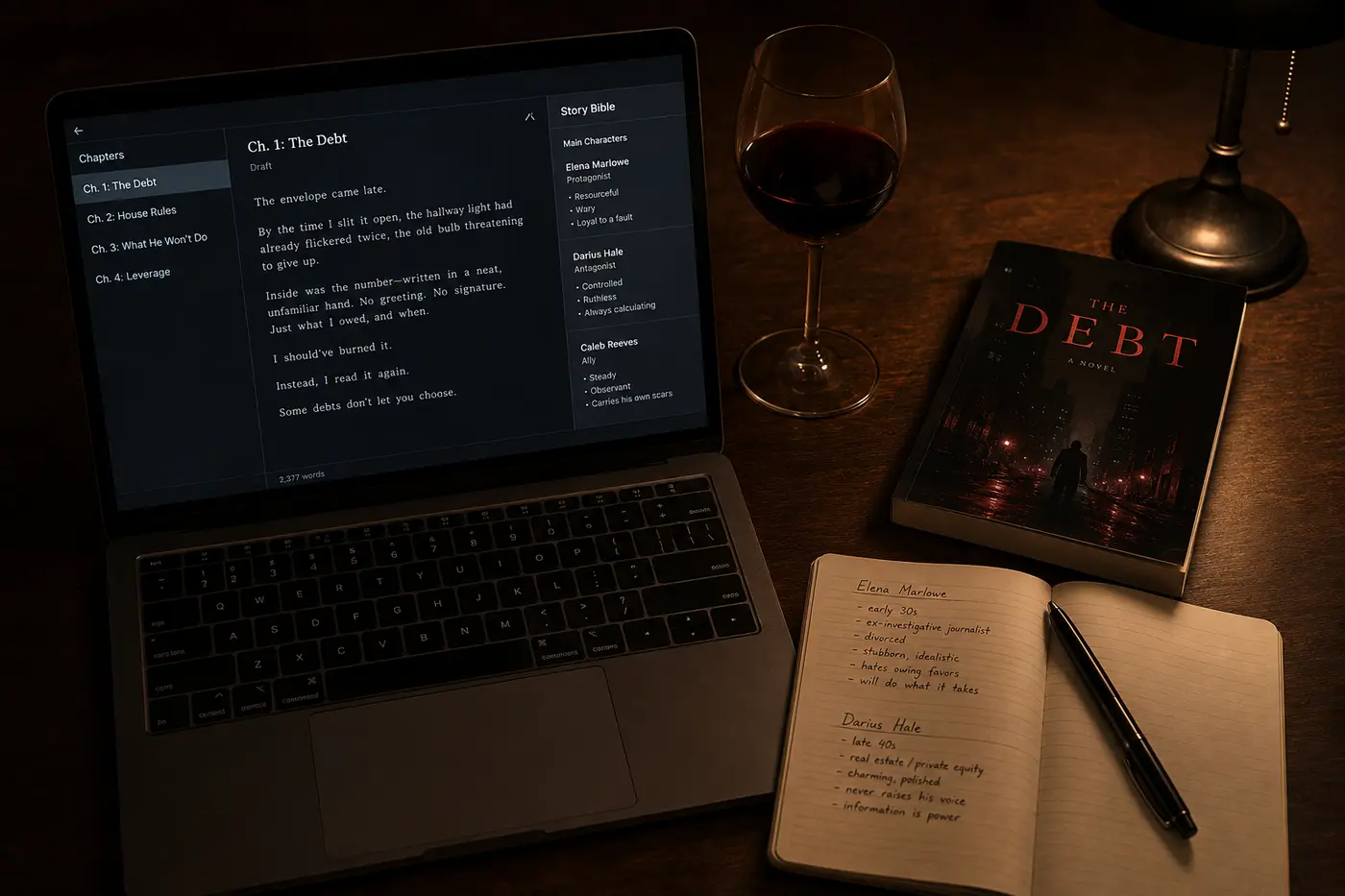 A writing desk at night under low lamplight. A laptop shows a dark romance draft with chapters titled The Debt, House Rules, What He Won't Do and Leverage, alongside a Story Bible panel describing the protagonist Elena Marlowe, the antagonist Darius Hale and an ally. Beside the laptop sit a paperback titled The Debt, a glass of red wine and an open notebook of handwritten character notes.