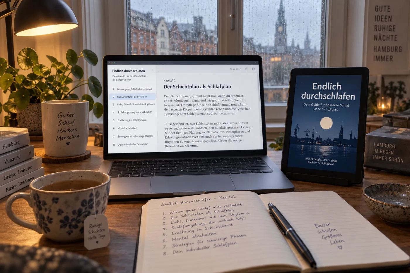 Schreibtisch am Fenster einer Altbauwohnung in Hamburg bei Regen: ein Laptop mit dem Inkfluence-Editor auf Deutsch, links die Kapitelliste eines Ratgebers mit dem Titel Endlich durchschlafen, rechts Kapitel 2 im Text; daneben ein E-Reader mit demselben Cover, ein Notizbuch mit handschriftlichem Kapitelplan und eine Tasse Tee.