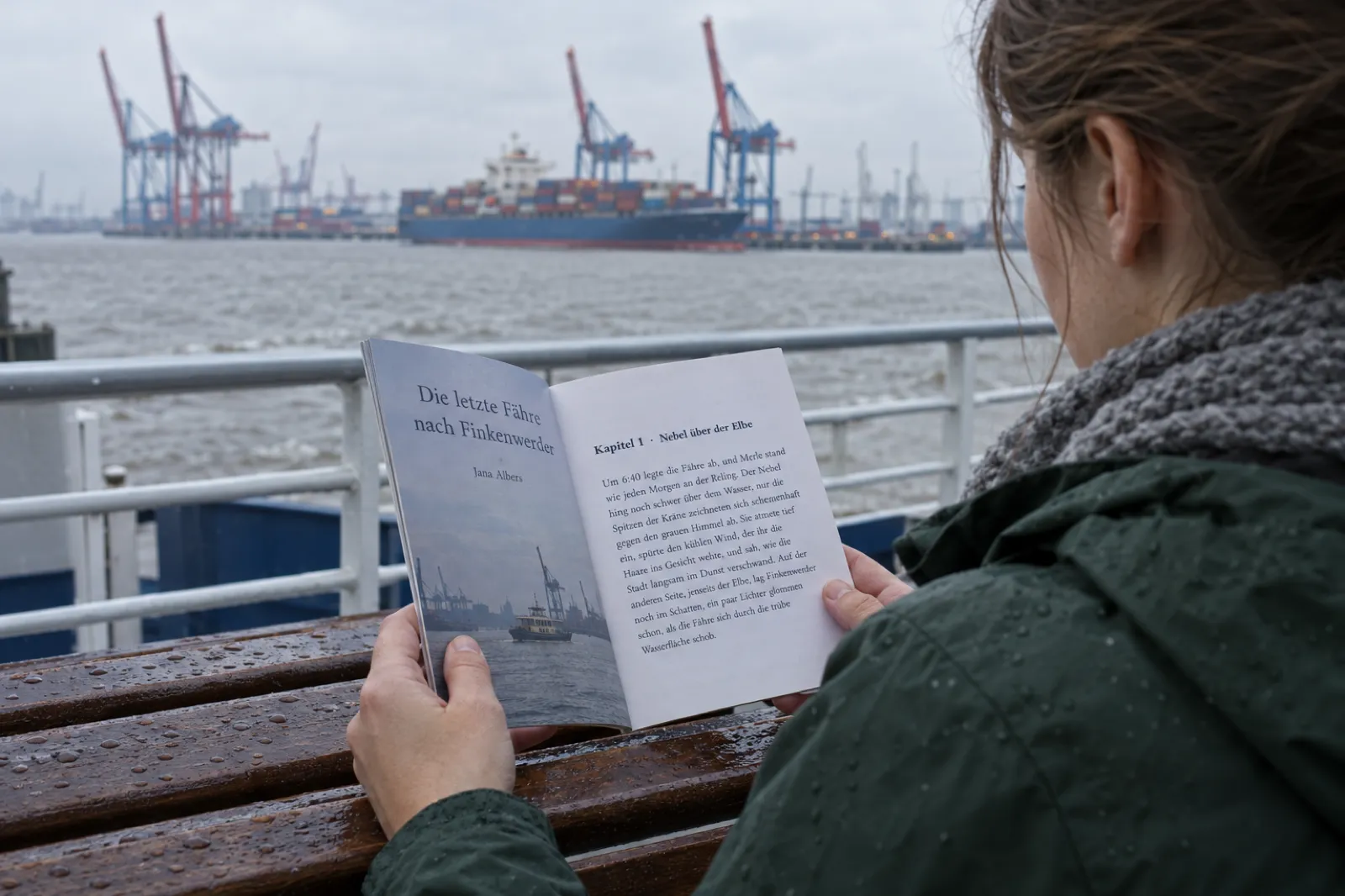 Über die Schulter einer Frau in grüner Regenjacke auf dem offenen Deck einer Hamburger Hafenfähre: Sie hält ein geheftetes A5-Heft aufgeschlagen: links die Titelseite Die letzte Fähre nach Finkenwerder von Jana Albers mit einem Foto des Hafens, rechts Kapitel 1, Nebel über der Elbe, mit dem ersten Absatz der Geschichte. Im Hintergrund unscharf die Elbe, Containerkräne und ein Containerschiff.