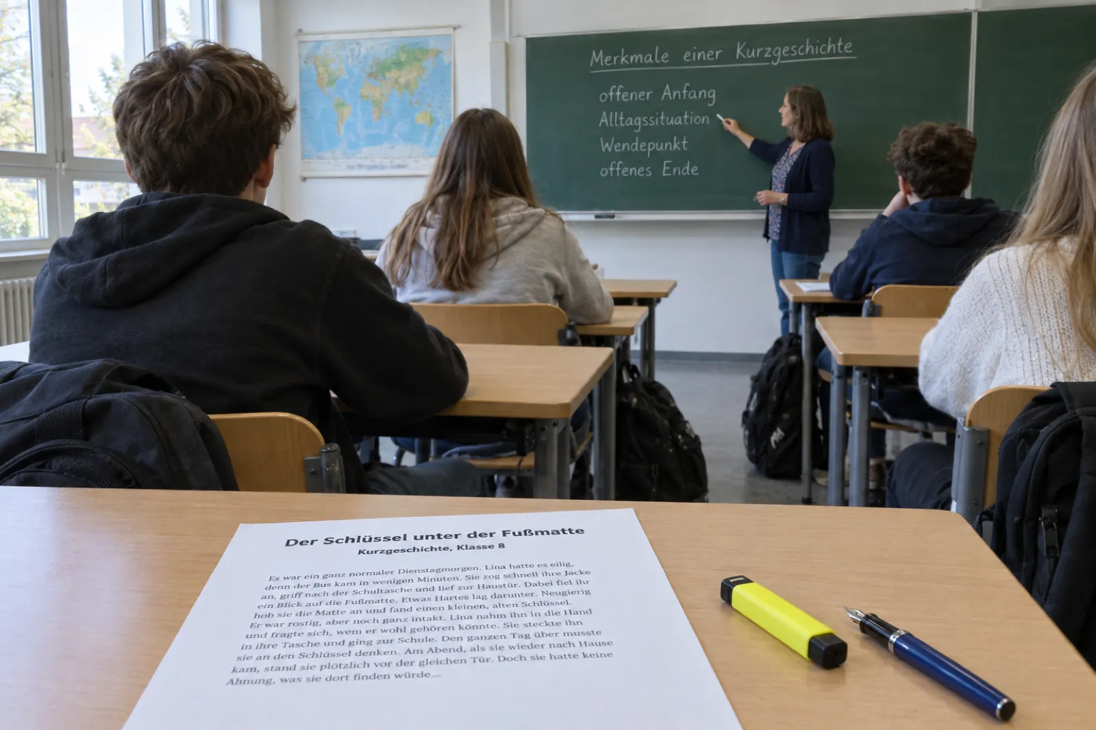 Blick aus der letzten Reihe eines Klassenzimmers: Eine Lehrerin steht an einer grünen Tafel, auf der in Kreide Merkmale einer Kurzgeschichte steht, darunter offener Anfang, Alltagssituation, Wendepunkt, offenes Ende. Auf dem vorderen Tisch liegt ein Arbeitsblatt mit der Überschrift Der Schlüssel unter der Fußmatte, Kurzgeschichte, Klasse 8, daneben ein gelber Textmarker und ein Füller.